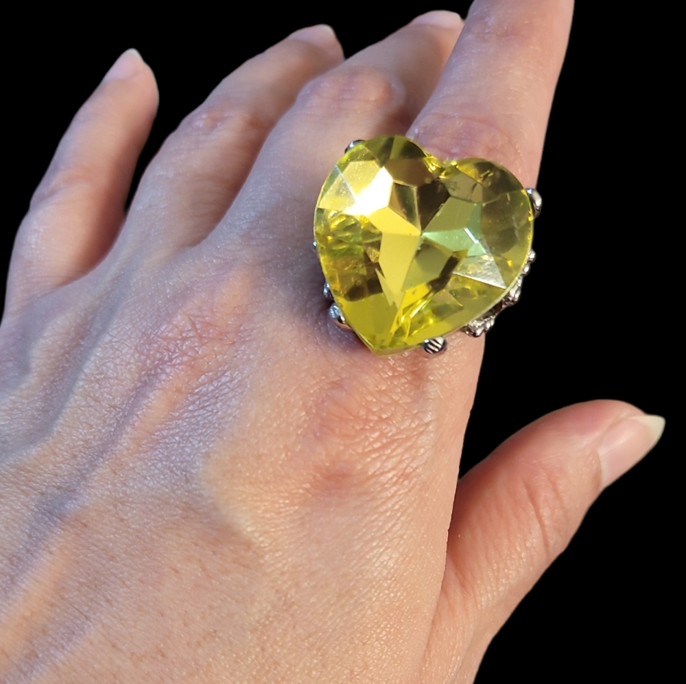 Big Bling Heart Shaped Rhinestone Silver Adjustable Statement Ring